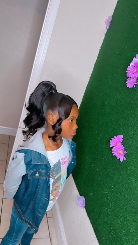 Kid Prom Hairstyles, Kids Barbie Ponytail, Kids Quick Weave, Kid Ponytail Styles, Graduation Hairstyles For Kids, Birthday Hairstyles For Black Kids, Kids Ponytail Hairstyles Black, Ponytail Hairstyles For Black Kids, Kids Ponytail Hairstyles