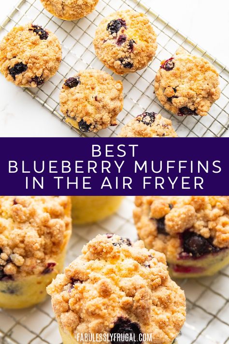 Air Fryer Blueberry Muffins Recipe - Fabulessly Frugal Air Fryer Blueberry, Blueberry Muffins Recipe, New Air Fryer Recipes, French Toast Muffins, Banana Blueberry Muffins, Best Blueberry Muffins, Healthy Honey, Berry Muffins, Airfryer Recipes