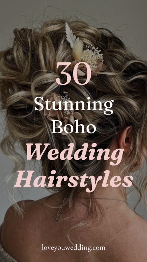 30 Stunning Boho Bride Hairstyles: Down, Half Up, Updo, Braids. Looking for beautiful boho wedding hairstyle ideas and inspiration? We’re sharing 30 gorgeous boho bride hairstyles for long, medium, and short hair. Whether you��’re looking for boho hairstyles down, half up, updos, with braids, with veils, or even boho bridesmaid hairstyles, we have the top boho wedding beauty ideas for your big day. Bridal Hair Casual, Boho Mother Of The Bride Hair, Boho Wedding Bun, October Wedding Hairstyles, Curly Hairstyles For Medium Hair Wedding, Boho Wedding Hairstyles For Long Hair, Boho Bridesmaid Hairstyles, Curly Hair Bride Hairstyles, Braided Bridesmaid Hairstyles