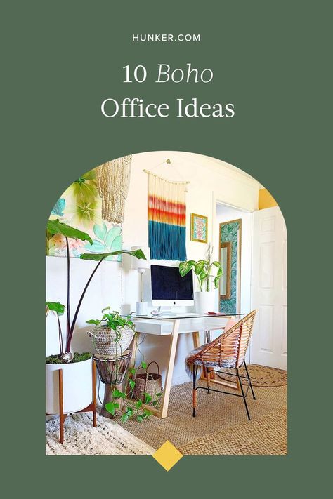 Boho Office Desk, Boho Office Ideas, Boho Office Space Workspaces, Decorate Cubicle At Work, Bohemian Home Office, Bohemian Office, Baddie Bedroom Ideas, Yellow Accent Walls, Bohemian Painting