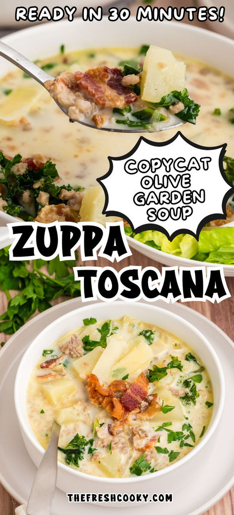 A bowl of Zuppa Toscana topped with shaved parmesan and crispy bacon, with a spoonful ready to take a bite. Olive Garden Italian Sausage Soup, Olive Garden Tuscan Zuppa, Olive Garden Soup Zuppa, Healthy Zuppa Toscana Soup, Healthy Zuppa Toscana, Olive Garden Zuppa Toscana Soup, Zuppa Toscana Soup Recipe, Toscana Soup Recipe, Zuppa Toscana Soup Olive Garden