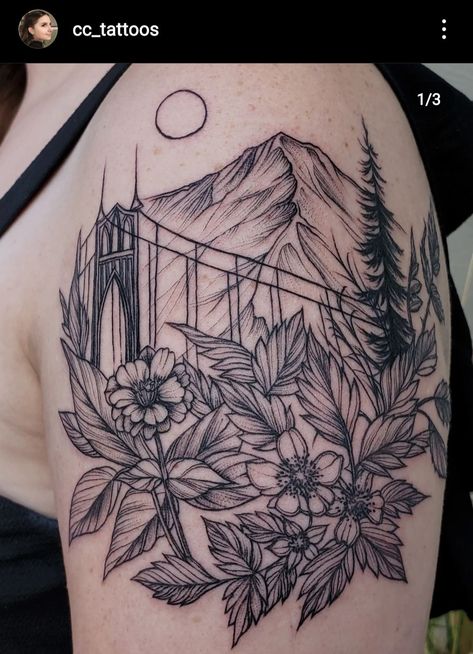 Oregon Inspired Tattoos, Oregon Tattoo Ideas, Oregon Tattoo, Inspired Tattoos, Mt Hood, St Johns, Geometric Tattoo, Flower Tattoo, Portland