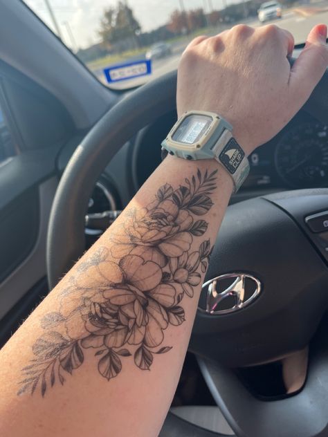 Love how it tapers and kind of fits the shape of my arm (for a temp…) Flower Vein Tattoo Arm, Flowers Tatoos Arms, Back Of The Arm Flower Tattoo, Cute Women’s Arm Tattoos, Tattoo On Top Of Arm, Women Tattoos Shoulder, Top Of Forearm Tattoo For Women, Sidearm Tattoos For Women, Full Arm Sleeve Tattoos For Women