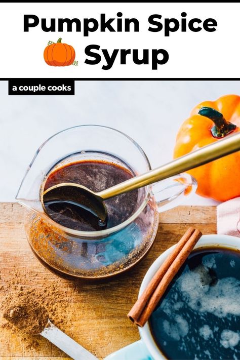 Here's how to make pumpkin spice syrup at home! It's equally as delicious in coffee drinks or on pancakes. #pumpkinspicesyrup #pumpkinspice #pumpkinspicecoffee #psl Pumpkin Syrup Recipe, Pumpkin Spice Syrup Recipe, Healthy Syrup, Homemade Pumpkin Spice Syrup, Pancakes Simple, Pancake Syrup Recipe, Paleo Pumpkin Spice, Healthy Fall Desserts, Coffee Pumpkin Spice