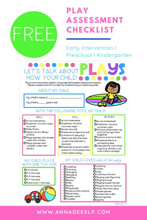 Free Checklist for an Informal Play Assessment. Can be used as a part of a complete speech and language assessment. Examines play, attention span, toy interests, and types of play. Get yours by signing up for the email list at annadeeslp.com. #speech #assess #form #informal #assessment #preschool #school #toddler #ideas #checklist #free #therapy #play #students Speech Assessment Checklist, Back To School For Preschoolers, Ece Assessment, Assessment Preschool, Preschool Assessment Forms, Preschool Checklist, Language Assessment, Infant Toddler Classroom, Preschool Behavior