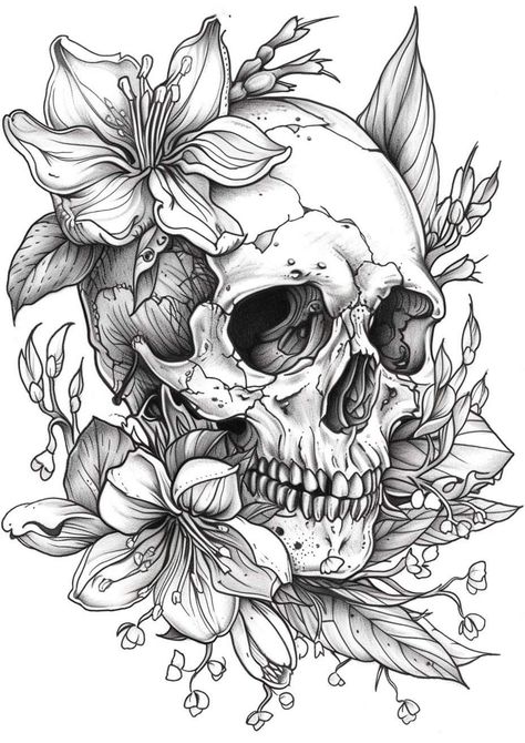 Mexican Skull Art Tattoo, Floral Skull Tattoos For Women Leg, Skull And Sunflower Drawing, Skull Guitar Drawing, Dawn Of The Dead Tattoo, Skull In Flowers Tattoo, Over The Shoulder Tattoo For Women Half Sleeves, Medieval Skull Tattoo, Simple Skull Outline