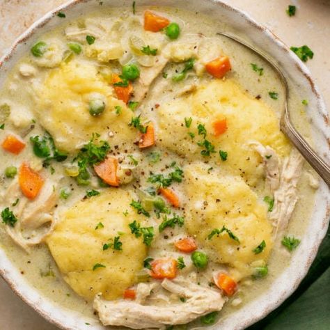 Easy Gluten Free Chicken and Dumplings Recipe - Mary's Whole Life Gluten Free Chicken And Dumplings Recipe, Gluten Free Chicken And Dumplings, Fluffy Dumplings, Chicken And Dumplings Recipe, Homemade Comfort Food, Dairy Free Soup, Pre Cooked Chicken, Dumplings Recipe, Dairy Free Diet