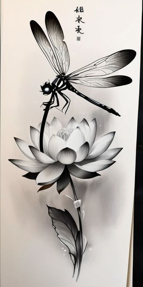 Japanese Dragonfly Tattoo, Sweat Pea Tattoo, Woman Tattoo Design, Dragonfly Lotus, Black Lotus Tattoo, Beautiful Spine Tattoos, Morning Scribbles, Spine Tattoo Ideas, Lotus Flower Tattoo Design