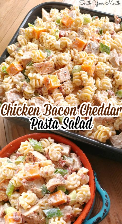 Chicken Bacon Cheddar Ranch Pasta Salad! Pasta salad with chicken, bacon, cheddar and ranch hearty enough for a meal for beach days, sports tournaments, picnics, summer suppers and more! Chicken And Bacon Pasta Salad, Salads Using Rotisserie Chicken, Bacon Cheddar Chicken Salad, Chicken Pasta Salads, Chicken Bacon Cheddar, 1905 Salad Recipe, Tournament Food, Ham Pasta Salad, 1905 Salad