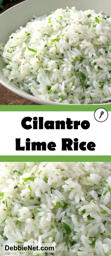 Cilantro Lime Rice is a wonderful side dish with fish, chicken or your favorite Mexican meal. It has a lovely fresh flavor that's absolutely delicious. | DebbieNet.com Side Dish With Fish, Lime Cilantro Rice, Family Side Dishes, Cilantro Lime Rice Recipe, Side Dishes For Fish, Taco Side Dishes, Lime Rice Recipes, The Chunky Chef, Chunky Chef