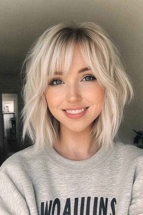 28 Crazy Good Short Bob Hairstyles with Bangs in 2024 – CreativeBooster Blonde Lob With Bangs, Blonde Bob With Fringe, Choppy Bob With Fringe, A Line Bob With Bangs, Short Bob Hairstyles With Bangs, Bob And Bangs, Bob With Wispy Bangs, Blonde Hair With Fringe, Blonde Bob With Bangs