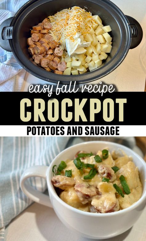 Crockpot with ingredients and finished meal with text "Easy fall recipe- Crockpot potatoes and sausage" Potatoes And Sausage Casserole, Cheesy Potatoes And Sausage, Slow Cooker Cheesy Potatoes, Crockpot Cheesy Potatoes, Crockpot Sausage And Potatoes, Sausage Crockpot Recipes, Potatoes And Sausage, Sausage Casserole Recipes, Chicken Broth Recipes