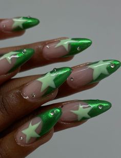 Trendy Nail Art Green, Chrome Star Nails Designs, Colorful Stars Nails, Tapered Nail Designs, Green Chrome Nail Designs, Cute Funky Nails Simple, Pastel Star Nails, March Almond Nails, Colourful Chrome Nails