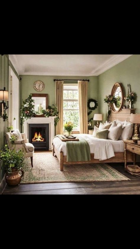 Rustic English Cottage, Country Cottage Living, Casa Hobbit, Cottage Bedroom, Green Walls, Country Bedroom, Bedroom Green, Cottage Living, Remodel Bedroom