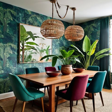 This dining room is seriously giving me all the lush, tropical vibes! The deep green jungle wallpaper instantly transports you to a rainforest, while those pops of jewel-toned chairs add just the right amount of color and contrast. The woven pendant lights and that gorgeous wooden table bring in such a warm, natural element, making it feel both exotic and grounded. And can we talk about the plants? It's like the room is alive! It’s a perfect blend of modern, nature-inspired design with an e... Tropical Wallpaper Dining Room, Tropical Modern Interior, Airbnb Moodboard, Green Jungle Wallpaper, Green Jungle, Dining Room Blue, Inspiring Interiors, Can We Talk, Natural Element