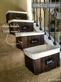 Use baskets for clearing clutter downstairs and hauling upstairs :: OrganizingMadeFun.com Organizing With Baskets, Stair Basket, Small Baskets, Small Entry, Project Organization, Basket Organization, Cleaning Organizing, Cleaning Tips, Organization Hacks