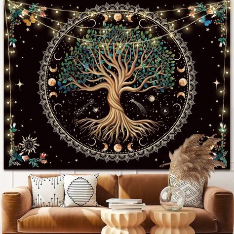 This tapestry brings a decorative beauty to a wall, bed, or sofa. Perfect for wall hangings, dorm decor, or that witchy, spiritual space Dark Academia Bedroom Ideas, Spiritual Tapestry, Aesthetic Wall Hanging, Tapestry Aesthetic, Tree Of Life Tapestry, Tapestry Nature, Flower Tapestry, Moon Tapestry, Boho Mandala