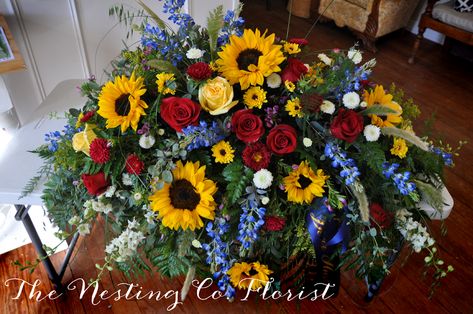 Flower Arrangements For Men, Cemetary Decorations, Headstones Decorations, Blue Flower Arrangements, Casket Spray, Casket Flowers, Grave Flowers, Casket Sprays, Cemetery Decorations