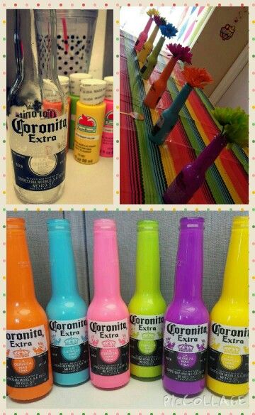 DIY Fiesta Corona bottles filled with paint! Perfect for table centerpieces! Fiesta Party Centerpieces Diy, Fiesta Theme Table Centerpieces, Latin Themed Party Decor, Fiesta Diy Decorations, Fiesta Centerpieces Diy, Diy Fiesta Decorations, Diy Fiesta Party Decorations, Loteria Party Ideas Decoration, Fiesta Theme Party Centerpieces