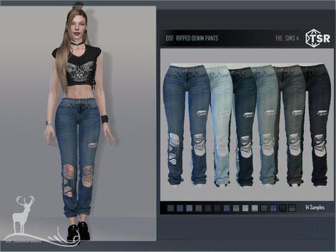 The Sims Resource - RIPPED DENIM PANTS Sims Clothes, Ripped Denim Pants, Cc Clothes, Rolled Up Jeans, Ripped Pants, Urban Clothing, Sims 4 Collections, Female Clothing, Cc Sims