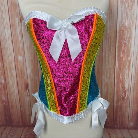 Bs Lingerie Rainbow Glitter Sequin And Satin Corset. Pride Cosplay Halloween Unicorn Mermaid Rainbow Bright Burlesque Drag Style. Cute White Satin Bows. Lace Up Back. Boning Throughout. Side Zipper. New Never Worn. Length: 36". Height:15." Lingerie Rainbow, Cosplay Corset, Pride Glitter, Halloween Unicorn, Character Prompts, Rainbow Top, Unicorn Mermaid, Unicorn Halloween, Rainbow Bright