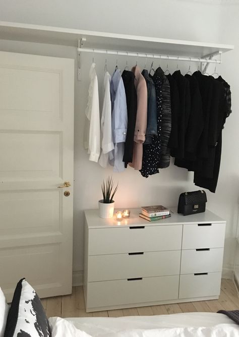 Bedroom With No Closet Ideas Storage, Ikea Open Closet Ideas, Open Wardrobe Ideas Small Spaces Bedrooms, Small Bedroom With Wardrobe Layout, Ikea Nordli Closet, Open Storage Bedroom, Small Room No Closet, Small Ikea Bedroom Ideas, Closet In Bedroom Small Spaces