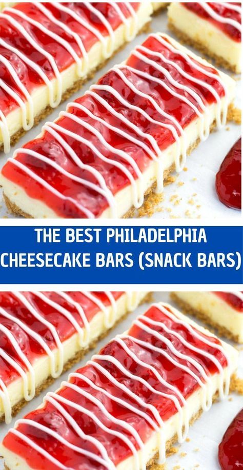 These easy Philadelphia Cheesecake Bars are perfectly creamy, baked on a buttery graham cracker crust, and topped with fresh strawberry topping and white chocolate drizzle. They’re the perfect copycat of the original Philadelphia Snack Bars! Plus they’re simple to make and skip all the hassle of a full cheesecake. Philadelphia Snack Bars, Philadelphia Cheesecake Bars, Fresh Strawberry Topping, Strawberry Cheesecake Bars Recipes, Philadelphia Cheesecake, White Chocolate Drizzle, Strawberry Cheesecake Bars, White Chocolate Raspberry Cheesecake, Cream Cheese Bars