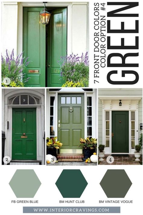 Vintage Green Front Door, Green Painted Front Doors, Best Green Front Door Colors, Green Exterior Door Colors, Front Door Colors For Grey House, Green Front Door Paint Colors, Dark Green Front Door, Green Front Door, Cottage Extension