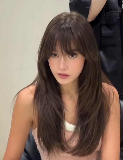 Long Slightly Layered Hair, Long Layers Wispy Bangs Haircut, Side Bangs And Face Framing Layers, Hair Inspiration Oval Face, Butterfly Layers Hair Long With Bangs, Layer Long Hair With Bangs, Mid Length Hair Asian Straight, Long Straight Hair And Bangs, V Shape Haircut With Curtain Bangs