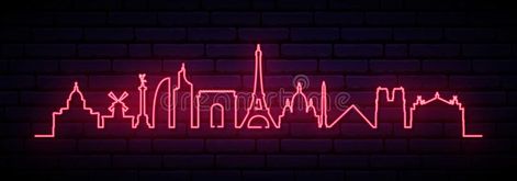 Neon Skyline, Red Neon, Barcelona City, Paris City, Banner Vector, Vector Clipart, Editorial Illustration, Neon Lighting, Paris Skyline