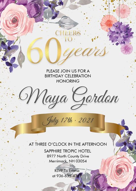 Nice Floral 60th Birthday Invitation Templates - Editable With MS Word #free #freeinvitation2019 #birthday #disney #invitations #invitationtemplates 60th Wedding Anniversary Party, 60th Birthday Ideas For Mom, Birthday Card Template Free, Wedding Anniversary Party Invitations, Floral Birthday Party Invitations, Confetti Invitation, Birthday Invitation Card Template, Anniversary Party Invitations, 60th Birthday Invitations