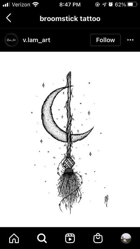 Crescent Moon Witch Tattoo, Broom And Moon Tattoo, Witch Broom Tattoo Design, Witch Sister Tattoos, Broom Tattoo Witch, 1692 Tattoo, Broomstick Drawing, Magic Tattoo Witches, Broomstick Tattoo