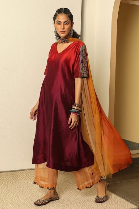 Buy Orange Tissue Kota Sheer Straight Pants For Women by Medha Online at Aza Fashions. Tunics Online, Traditional Indian Dress, Red Tunic, Dream Wedding Ideas Dresses, Dress Images, Embroidered Neckline, Indian Fashion Designers, Silk Embroidery, Silk Dyeing