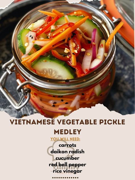 🥕🥒 Add zest to your meal with Vietnamese Vegetable Pickle Medley! Crisp, tangy, and irresistibly fresh. #VietnamesePickles #TangyTreats Vietnamese Vegetable Pickle Medley Recipe 🌟 Ingredients: 200g carrots, julienned 200g daikon radish, julienned 100g cucumber, sliced 100g red bell pepper, sliced 200ml rice vinegar 100ml water 100g sugar 10g salt 5g chili flakes (optional) Instructions: Prepare the vegetables: In a bowl, mix carrots, daikon radish, cucumber, and red bell pepper. Make the ... Daikon Radish Recipes, Vietnamese Pickled Vegetables, Vegetable Pickle, Marinated Veggies, Radish Cucumber, Daikon Radish, Marinated Vegetables, Fermented Pickles, Food Asian