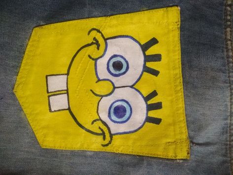 Painting Jean Pockets Ideas, Painting On Jeans Pocket, Painted Jeans Pocket, Jean Pocket Painting, Custom Painted Jeans, Custom Hoodies Ideas, Customized Jeans, Spongebob Theme, Jacket Painting