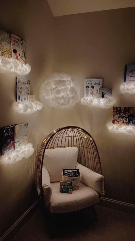 Nursery Cloud Shelves, Led Cloud Room Aesthetic, Clouds Bedroom Aesthetic, Clouds In Bedroom Ideas, Dream Clouds Aesthetic, Cloud Aesthetic Room Decor, Room Decor Ideas Clouds, Diy Cloud Shelves, Cloud Baby Room Ideas