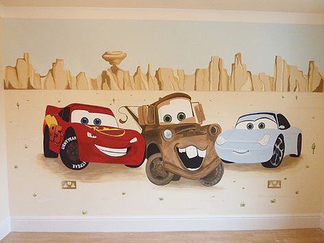 Lightening McQueen Cars Mural, Disney boys wall mural, custom wall mural Disney Cars Room, Disney Baby Rooms, Disney Wall Murals, Cars Mural, Disney Mural, Car Themed Bedrooms, 3d Wallpaper Design, Kids Room Murals, Disney Paintings