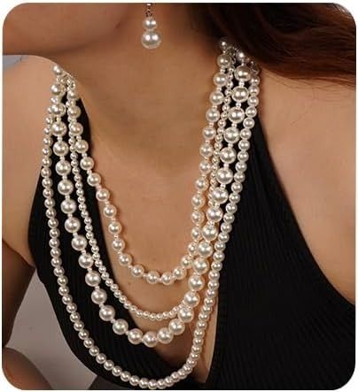 Amazon.com: Aimimier Multi-layer Strand Faux Cream White Pearls Choker Necklace Flapper Beads Cluster Chunky Pearl Chain for Women(style 2): Clothing, Shoes & Jewelry Choker Necklace Beads, Multi Strand Necklaces, Pearls Choker, Layered Pearl Necklace, Chunky Gold Chain, Chunky Pearls, Chain For Women, Multi Layer Necklace, Pearl Necklaces