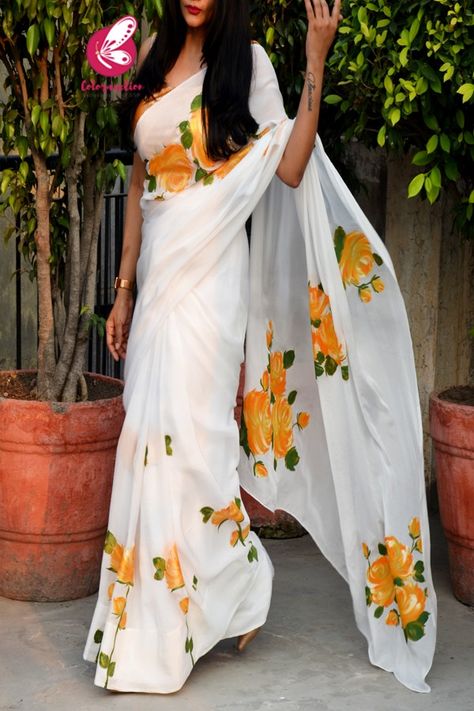 Buy Off White Crepe Chiffon Yellow Golden Hand-painted Saree Online in India | Colorauction Saree For Haldi, Hand Printed Saree, Painting Sarees, Peach Crepes, Painted Fashion, Painted Saree, Mughal Art Paintings, Haldi Outfit, Yellow Flower Print