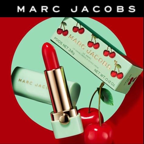 Brand New In Box, Never Been Used Or Swatched Discontinued And Rare Full-Size (3.6 G/0.12 Oz) In Limited Edition Cherry With Green And Gold Packaging Marc Jacobs Le Marc Lip Creme In The Shade 200 Oh Miley! (Cherry Red) A Rich, Creamy Lipstick With Long-Wearing, Indulgent Color, This Maraschino-Red Shade Is Dressed Up In Craveable Cherry Packaging. Indulge Your Lips With One Saturated Swipe Of Buttery, Vibrant Color. This Lipstick Is Ultra-Pigmented For All-Day Wear With A Subtle Vanilla Scent. Marc Jacobs Lipstick, Cherry Lipstick, Gel Lipstick, Marc Jacobs Makeup, Creamy Lipstick, Marc Jacobs Beauty, Creme Lipstick, Lip Lacquer, Lip Crayons