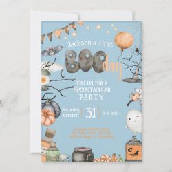 Halloween 1ST Birthday Any Age Blue Boy Party Halloween Second Birthday, First Birthday Theme Boy, Kids Halloween Birthday Party, October Birthday Parties, Halloween Invitations Kids, Halloween First Birthday, Boy Party Invitations, Halloween Birthday Party Invitations, Halloween 1st Birthdays