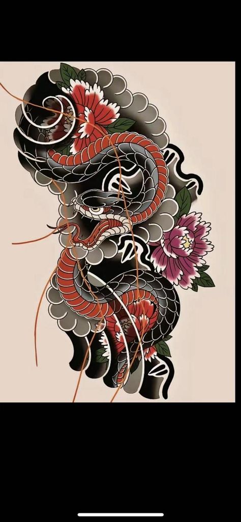 Snake Tattoo Design Forearm, Irezumi Snake Tattoo, Snake Back Piece Tattoo, Japanese Cobra Tattoo, Japan Snake Tattoo, Japanese Tattoo Snake, Japanese Traditional Dragon Tattoo, Japanese Snake Tattoo Design, Snake Japanese Tattoo