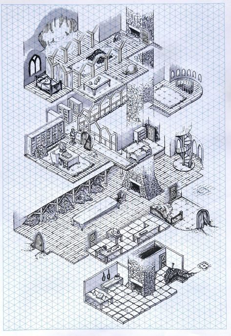 Isometric Dungeon Maps, Exploded Isometric Architecture, Isometric Dungeon, Isometric Sketch, Game Level Design, Fantasy Map Making, Isometric Map, Isometric Drawing, Map Maker