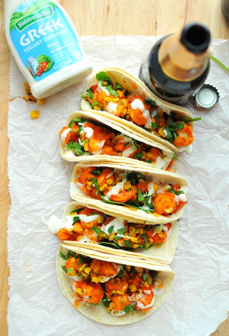 Buffalo Cauliflower Tacos with Greek Yogurt Ranch | Nosh and Nourish Greek Cauliflower Tacos, Buffalo Cauliflower Tacos, Yogurt Ranch, Greek Yogurt Ranch, Mediterranean Recipes Healthy, Meatless Dishes, Awesome Appetizers, Mexican Meals, Cauliflower Tacos