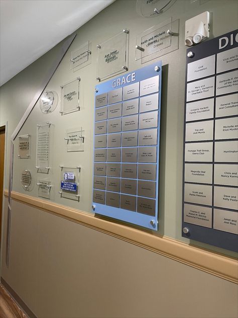 Modern display to thank Donors. Includes clear Acrylic Plaques for Corporate Donors and large colored Plaques for Individual Contributors. Ada Signage, Donor Wall, Custom Awards, Acrylic Plaques, Clear Acrylic, Wall