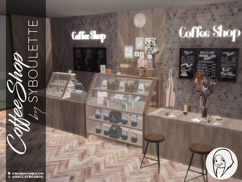 Coffee Shop Set – S4CC Sims 4 School, Industrial Coffee Shop, Coffee Shop Bakery, Sims 4 Restaurant, Lotes The Sims 4, Muebles Sims 4 Cc, Free Sims 4, Cafe Furniture, School Cafeteria