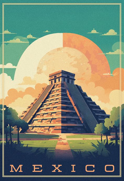 View one of Mexico's most iconic landmark's Chichen Itza as it stands prominently on the ancient land of the Maya. Chichen Itza Dibujo, Mexico Landmarks, Mexico Icon, Mexico Illustration, Mexico Travel Poster, Mexico Painting, Mexico Poster, Chichen Itza Mexico, Mexico Aesthetic