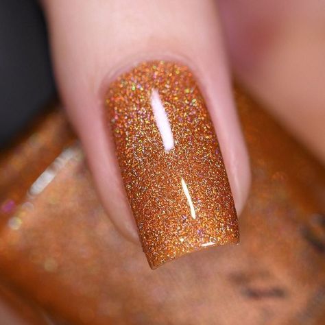 Burnt Orange Sparkle Nails, Thanksgiving Nails Color, Holo Nail Polish, Pet Poems, Dog Poems, Fall Nail Polish, Orange Nail Polish, Chrome Nails Designs, Nail Designs Valentines