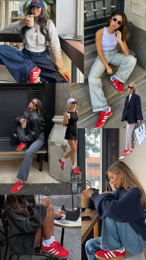 Red Gazelle, Red Sneakers Outfit, Red Sneakers, Red Outfit, Sneakers Outfit, Casual Fashion, Cute Outfits, Fashion Outfits, Sneakers