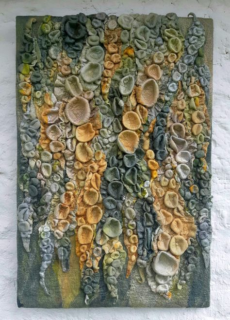 Textured wall art, surface design, felt wall hanging Environmental Textile Art, Wet Felting Sculpture, Textiles Wall Hanging, Natural Structures Art, Nature Textile Art, Textile Art Wall Hanging, Nature Inspired Textiles, Art Textiles Sketchbook, Fungi Textiles